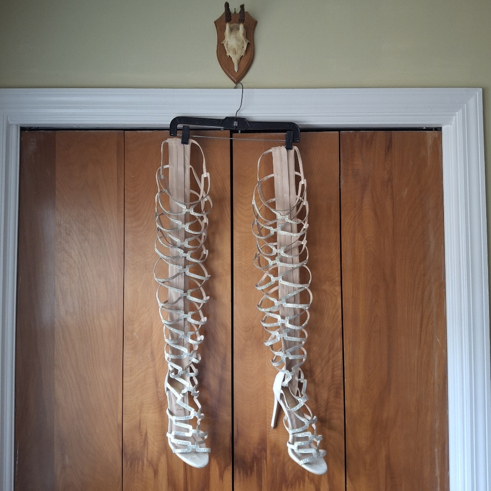 Cream Suede Thigh High Gladiator Sandals Size 10